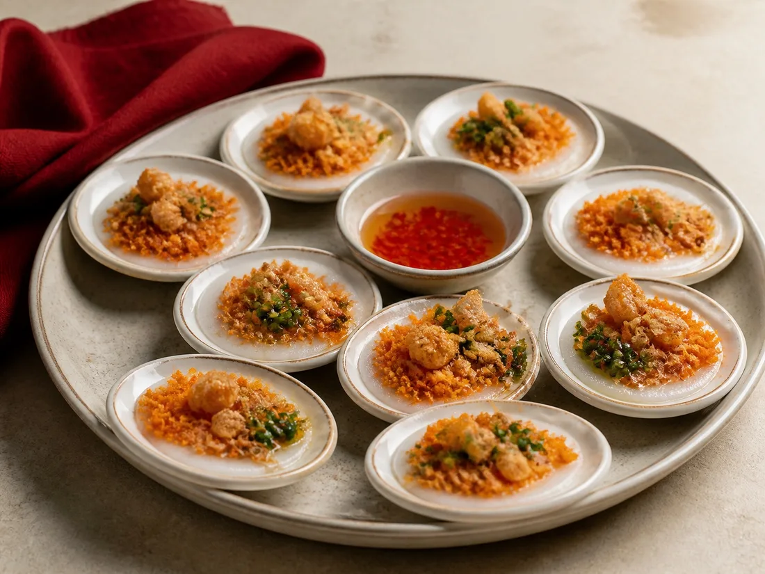 Tray of steamed Huế rice cakes with shrimp and scallion oil