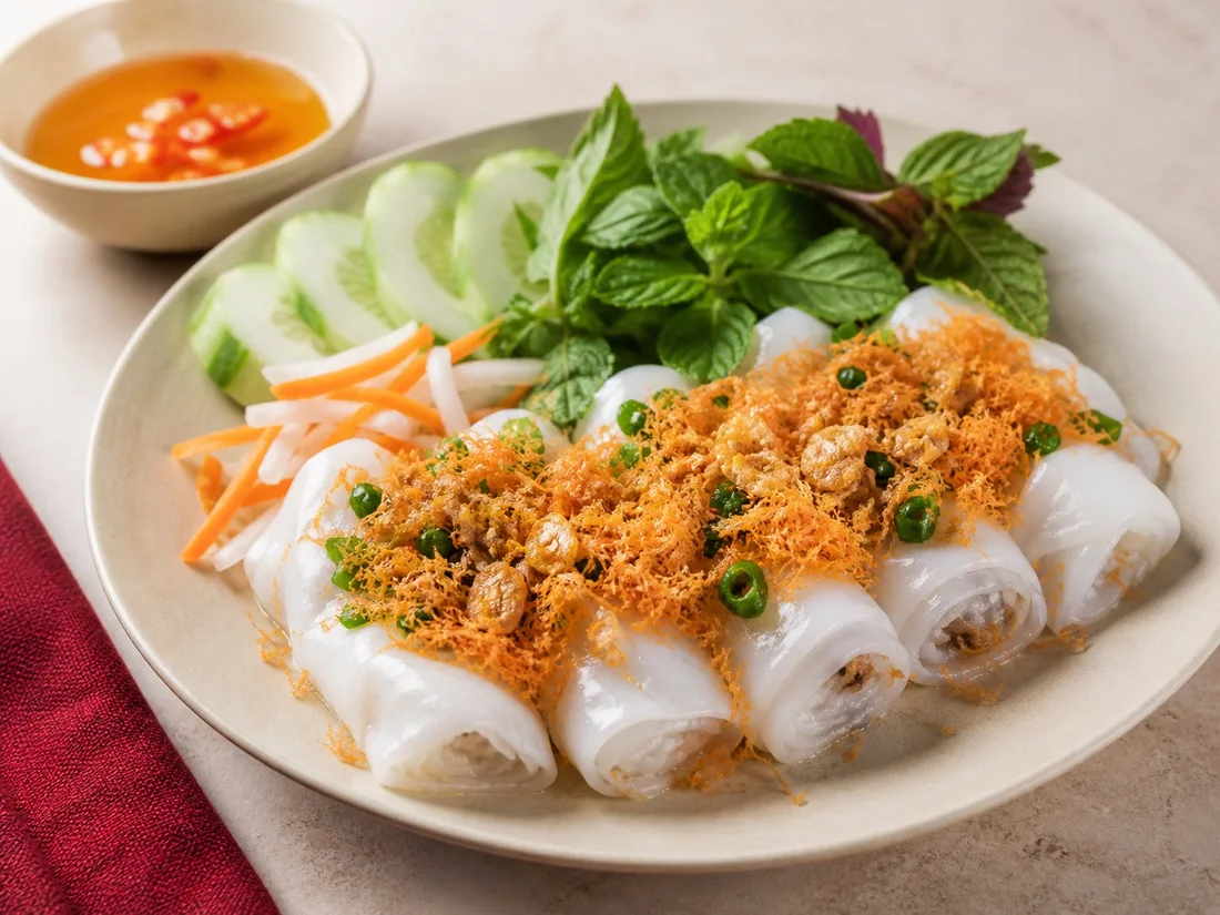 Steamed rice noodle rolls with delicate shredded shrimp
