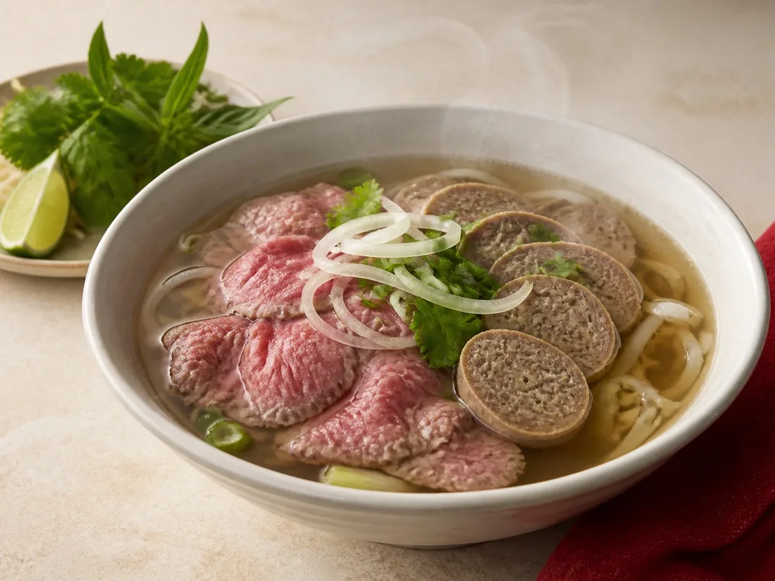 Phở with rare beef slices and springy beef meatballs