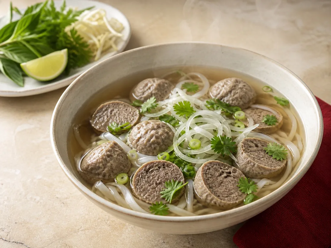 Clear beef broth with rice noodles and beef meatballs