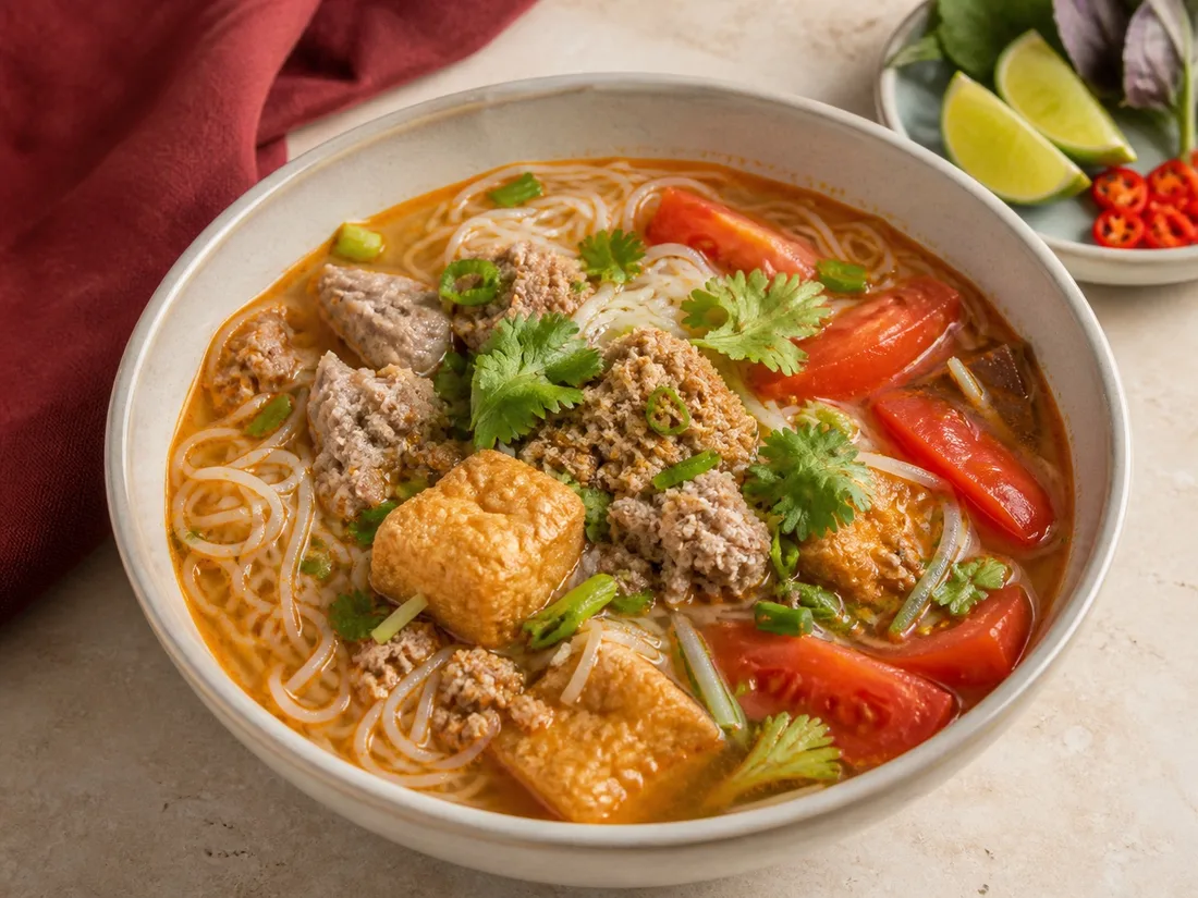 Crab and tomato noodle soup with tofu and herbs