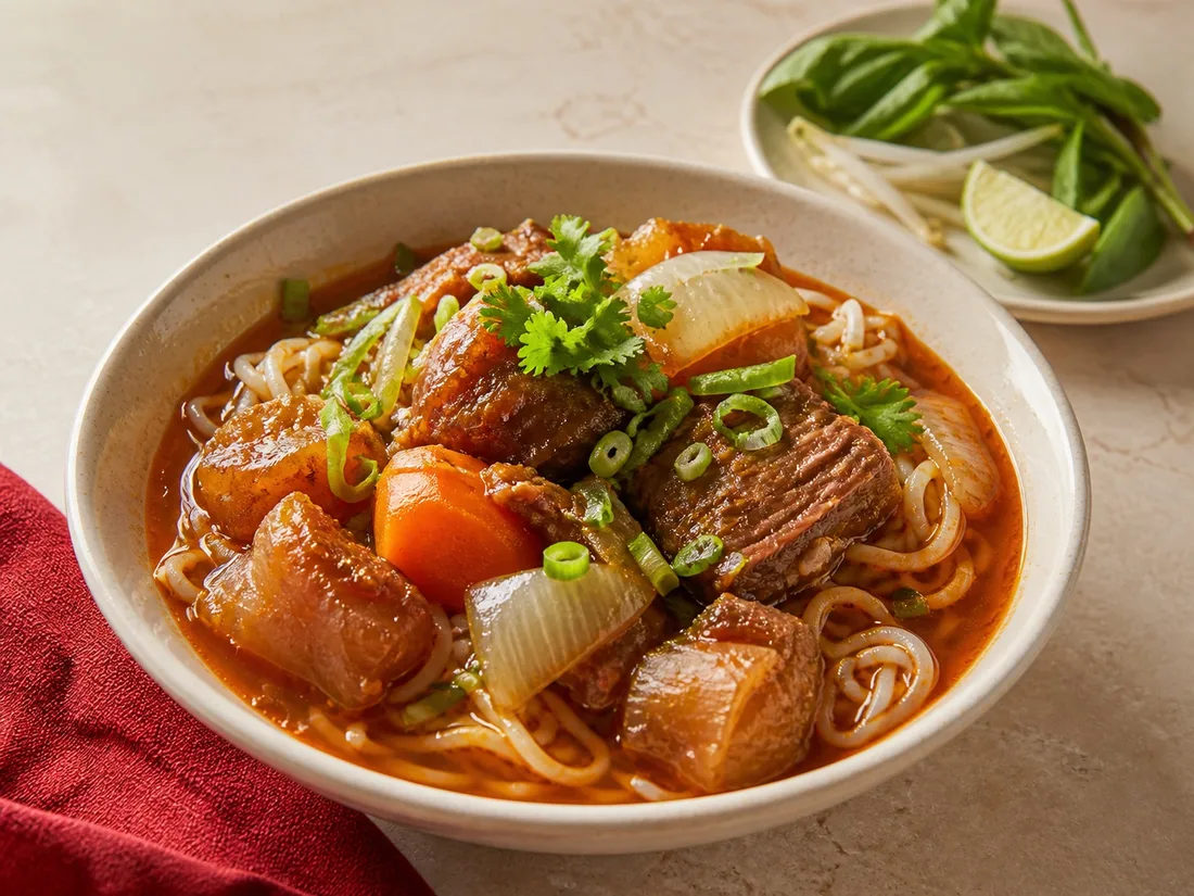 Rich beef stew with rice noodles and carrots