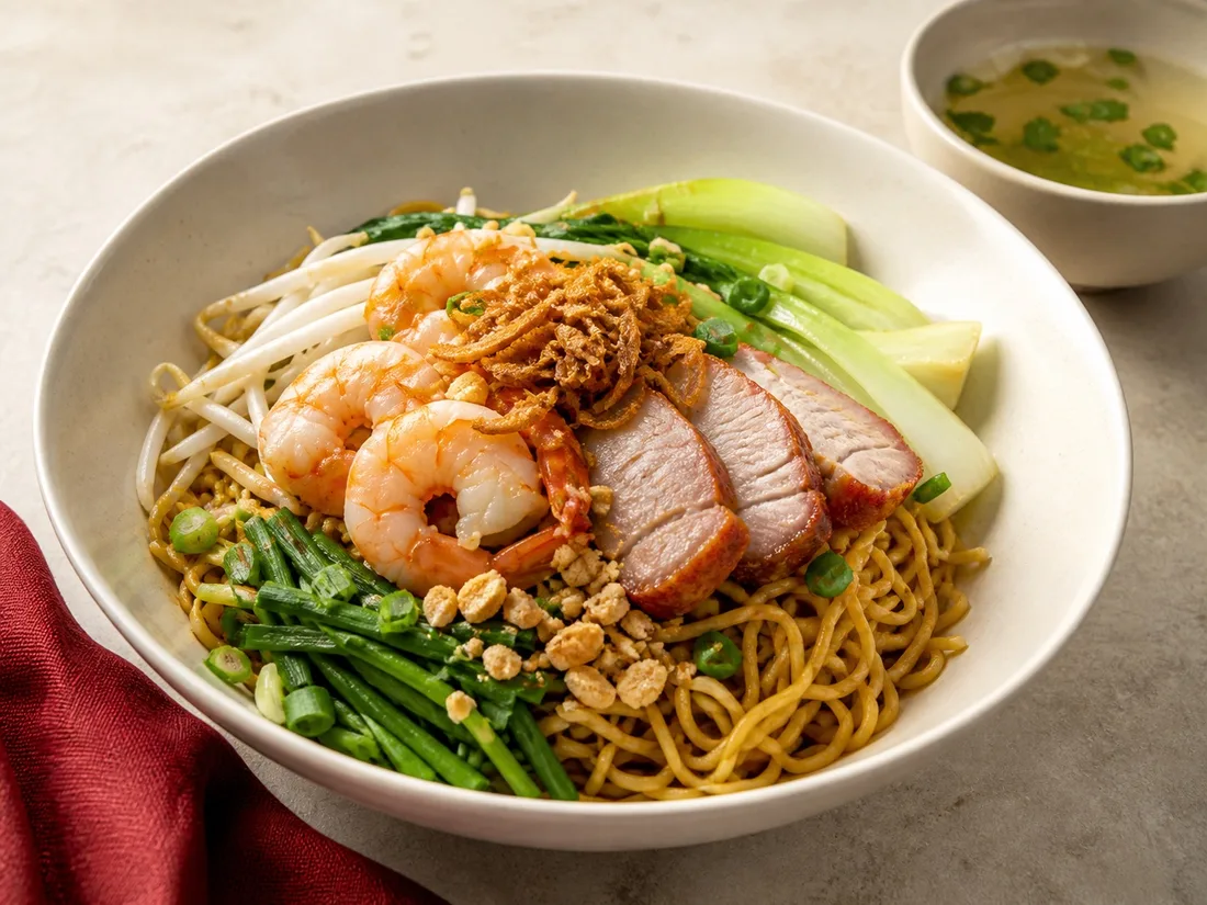 Special dry egg noodles with assorted meats, shrimp and greens
