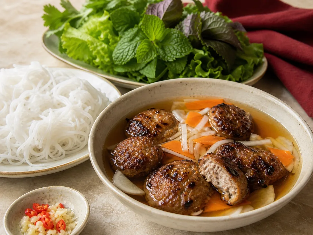Hanoi grilled pork patties with vermicelli and herbs