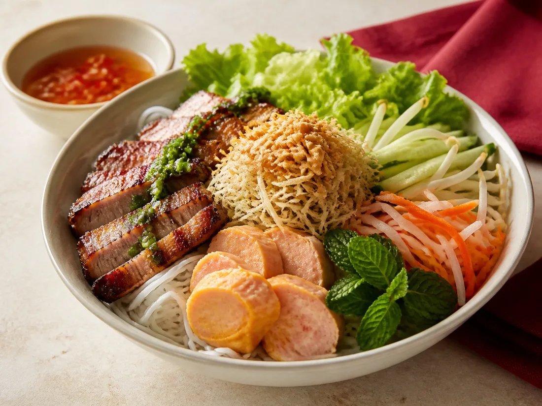 Special vermicelli bowl with shredded pork skin and fresh vegetables
