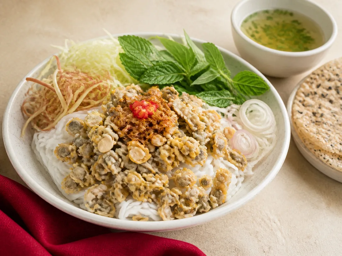Huế vermicelli bowl with baby clams, herbs, peanuts and crisp toppings