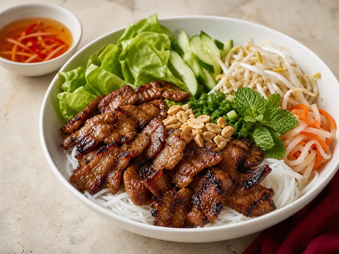 Vermicelli bowl with lemongrass grilled pork and fresh herbs
