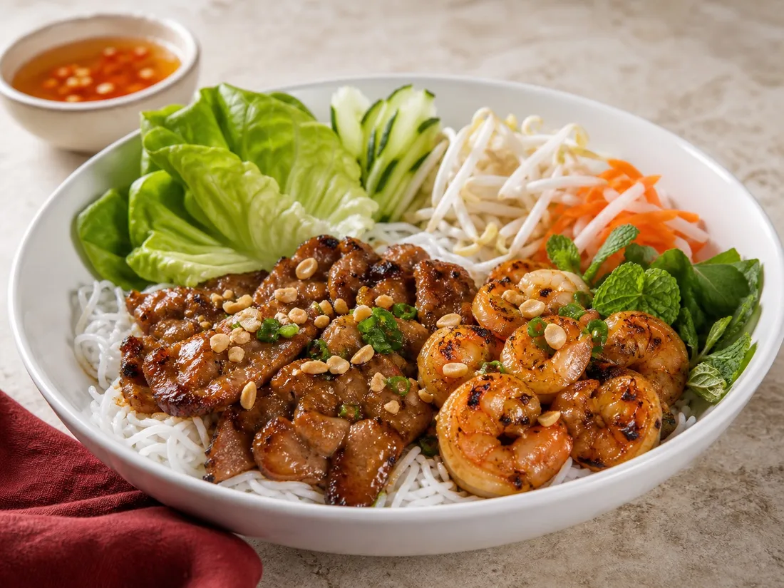 Vermicelli with grilled shrimp, lemongrass pork and vegetables
