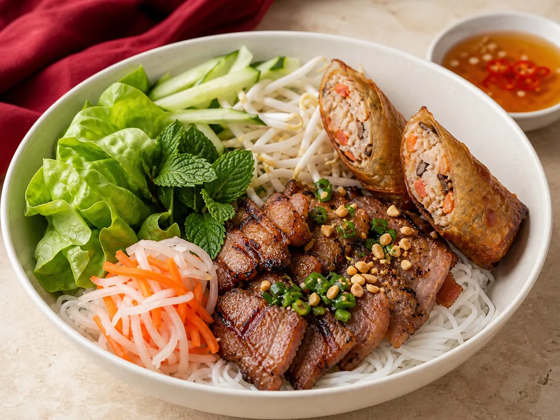 Vermicelli with grilled pork and crisp egg roll