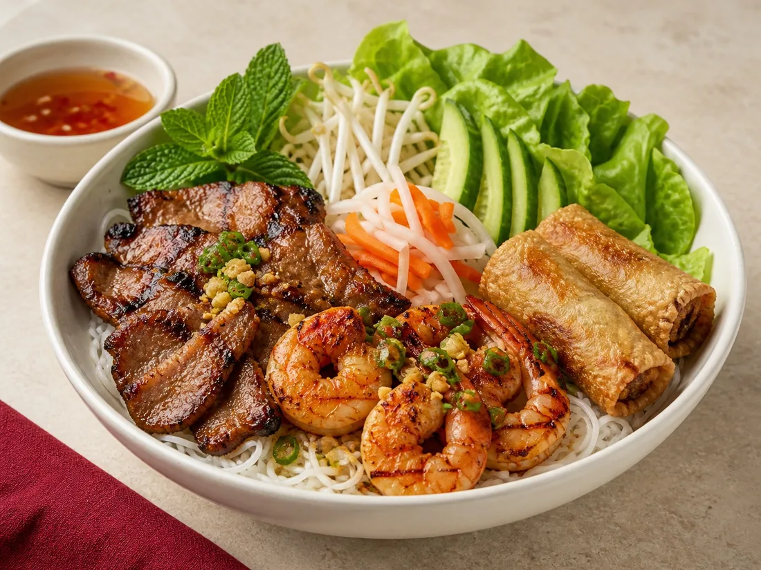 Vermicelli with shrimp, grilled pork and crisp egg roll