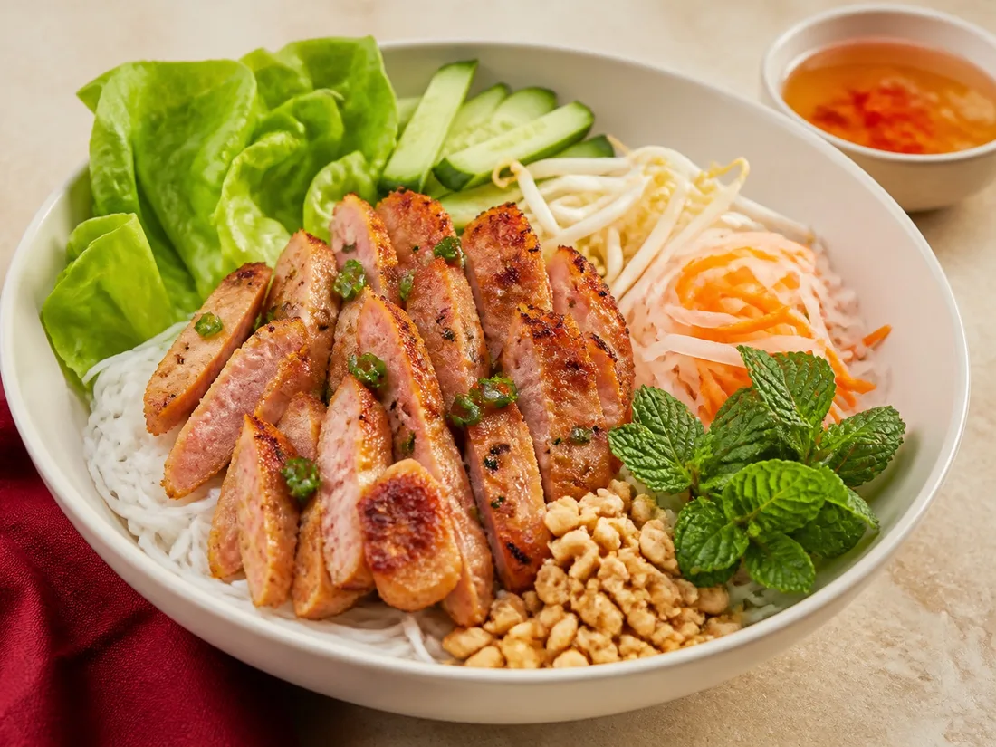 Vermicelli with grilled pork sausage skewers