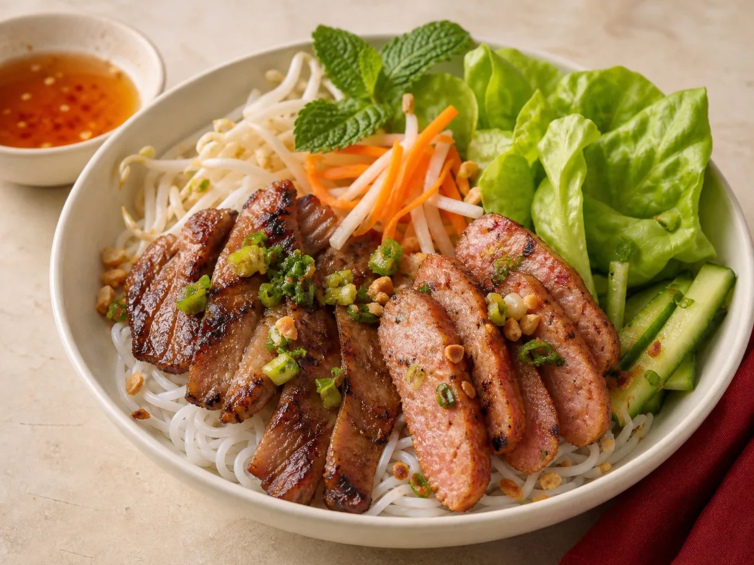 Vermicelli with grilled pork and pork sausage skewers