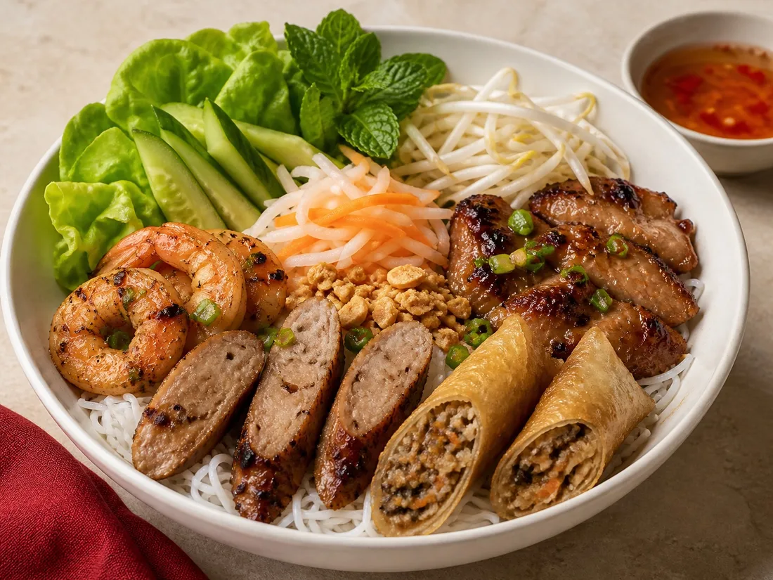 Loaded vermicelli with shrimp, pork sausage and crisp egg roll