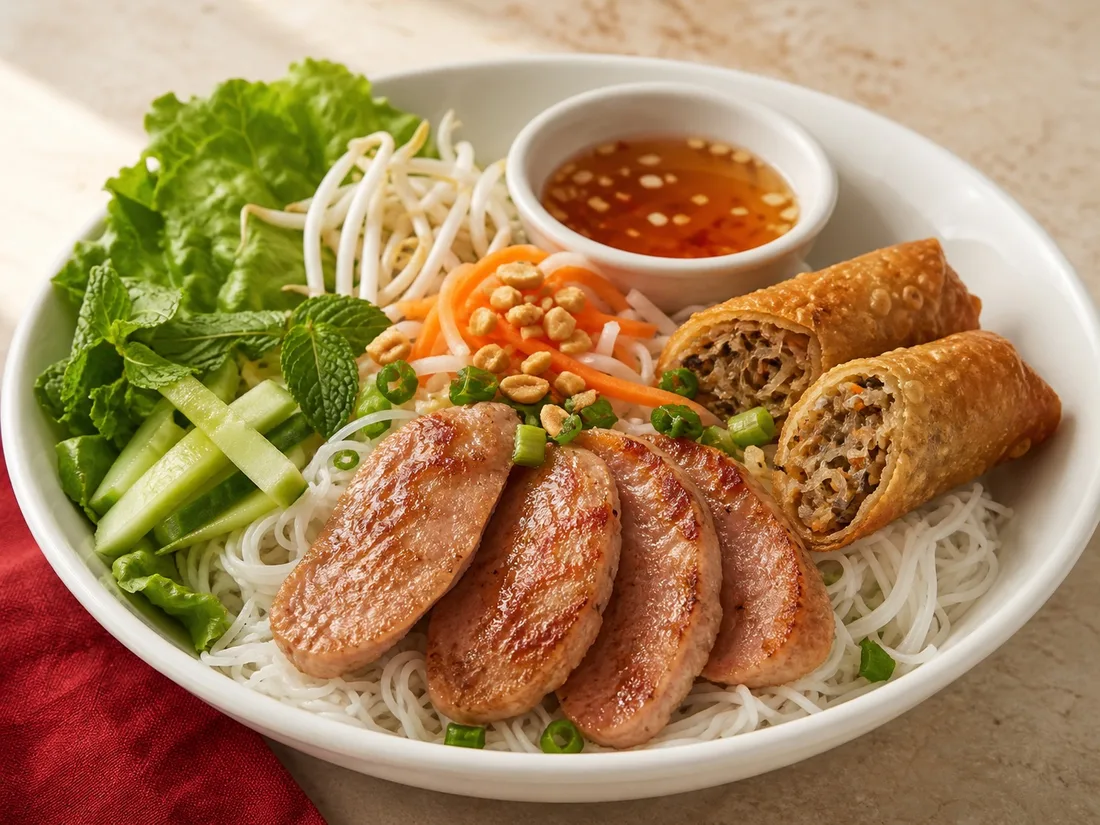 Vermicelli with grilled pork sausage skewers and crisp egg roll