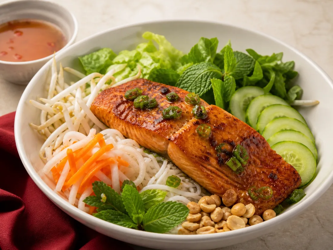 Vermicelli bowl with caramelized braised salmon and fresh herbs