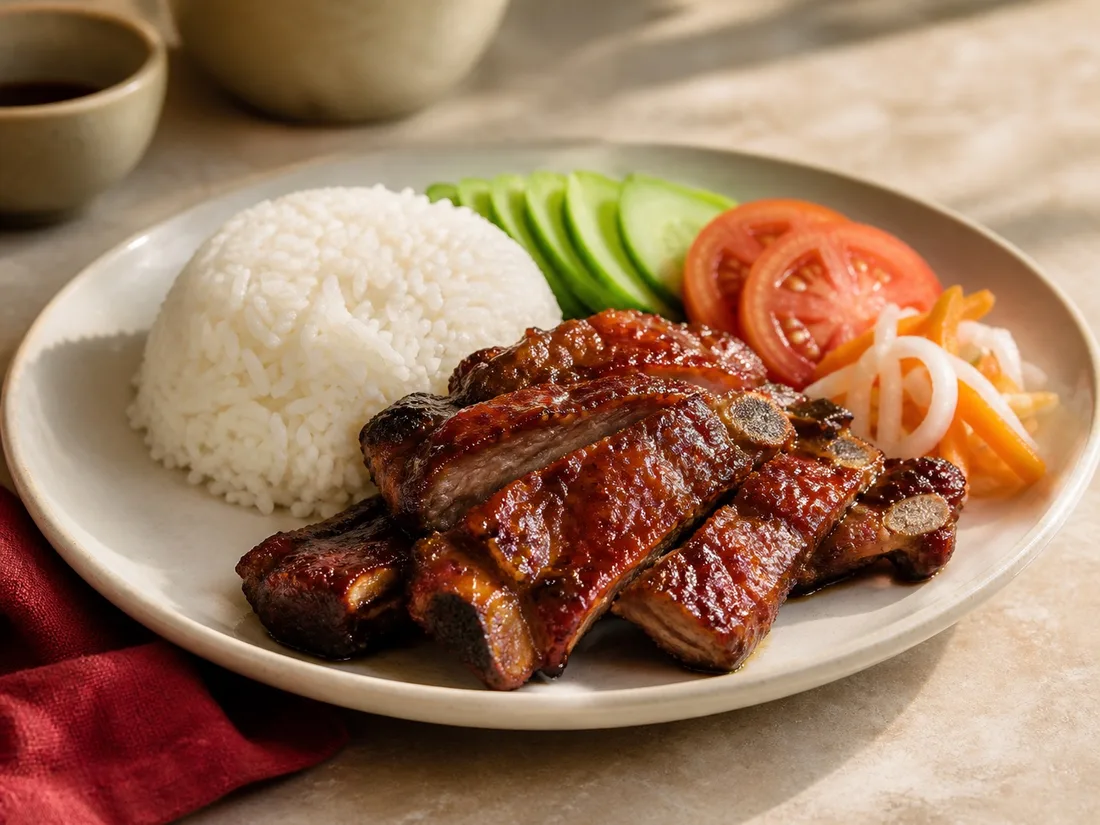 Caramelized pork ribs with steamed rice and vegetables