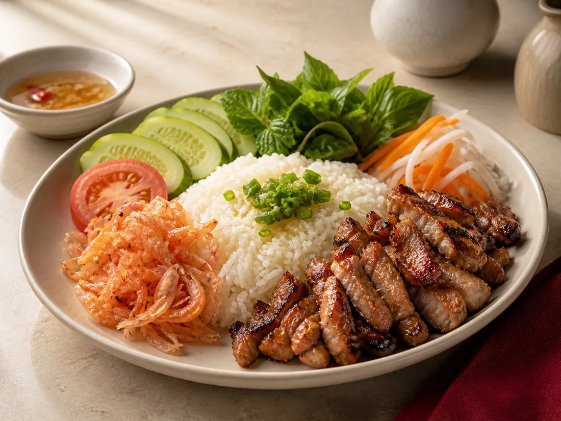 Rice plate with shredded shrimp and lemongrass grilled pork