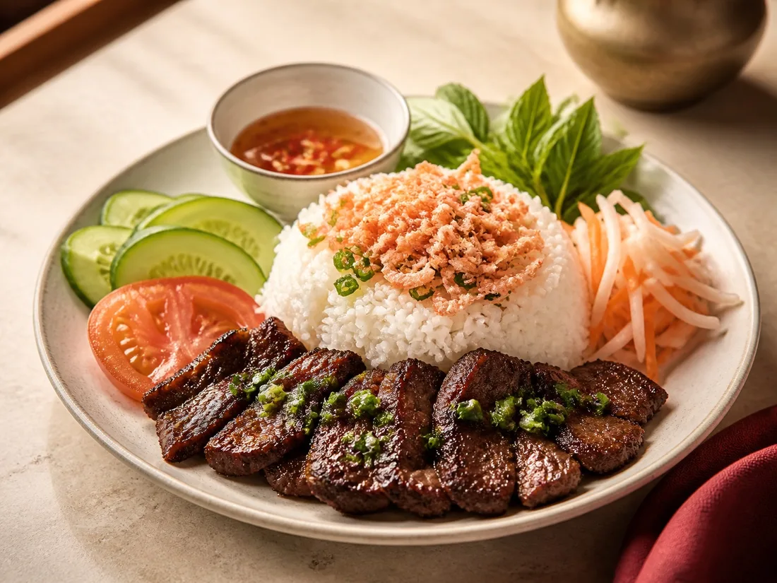 Rice plate with shredded shrimp and smoky grilled beef