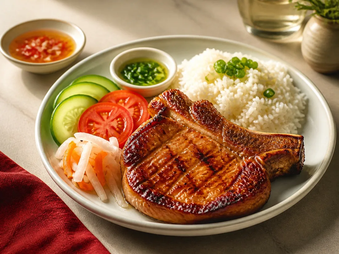 Charbroiled bone-in pork chop with broken rice and vegetables