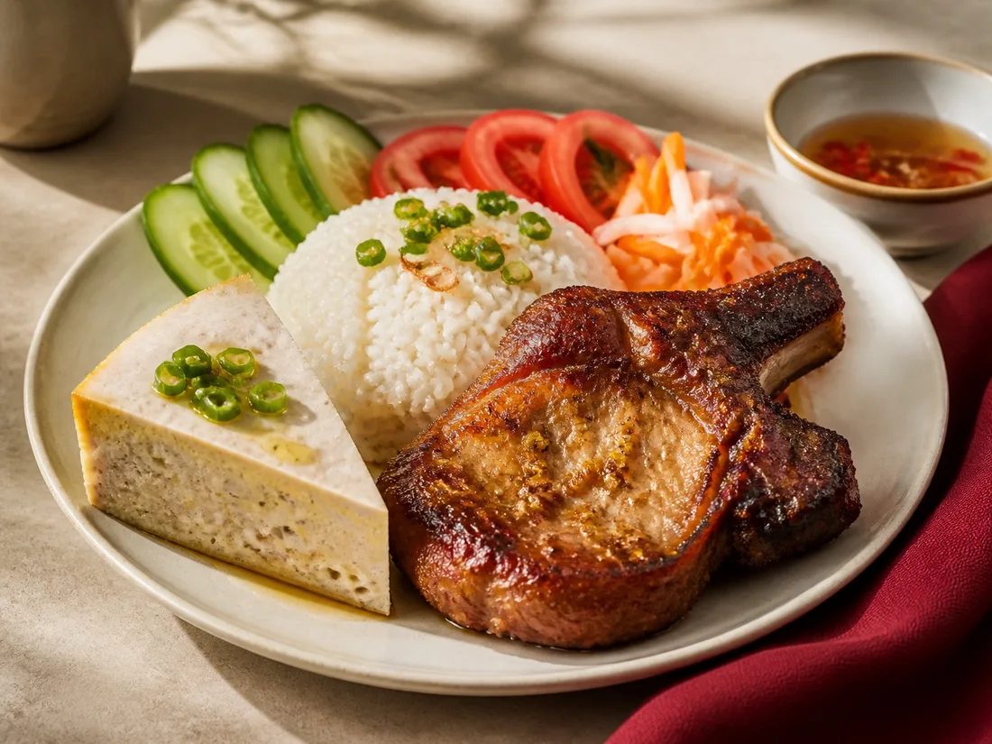 Broken rice with grilled pork chop and steamed pork cake