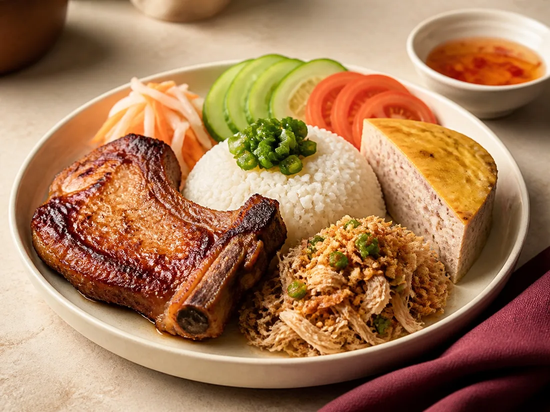 Broken rice with pork chop, pork skin and steamed pork cake
