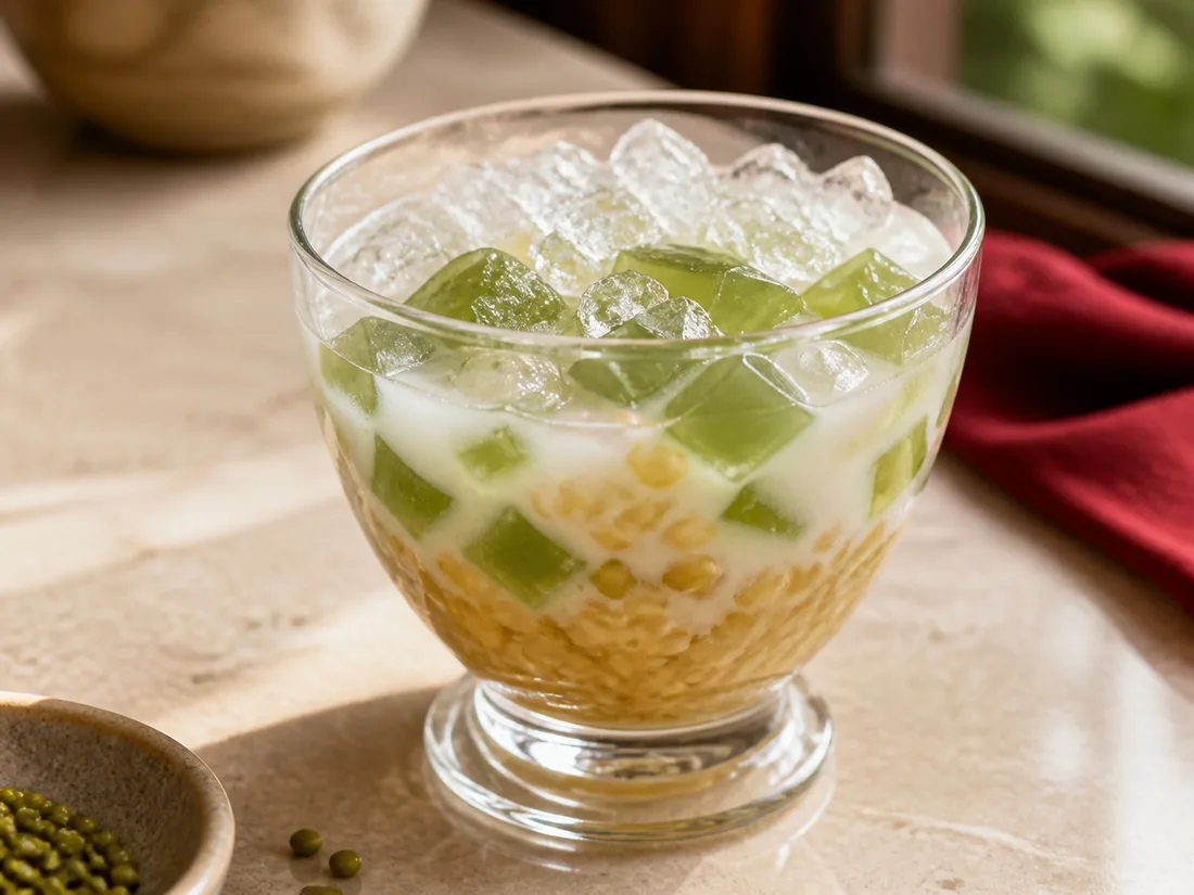 Chilled mung bean dessert with translucent green jelly
