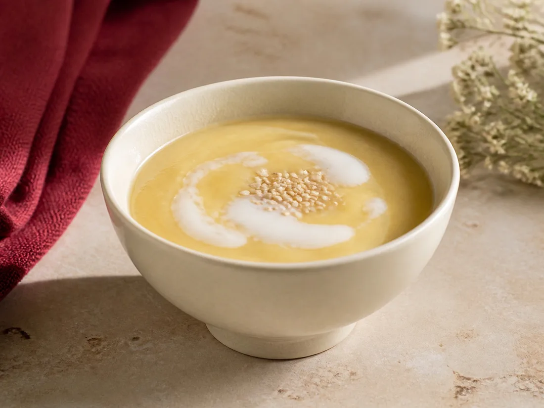 Silky golden mung bean pudding with coconut cream