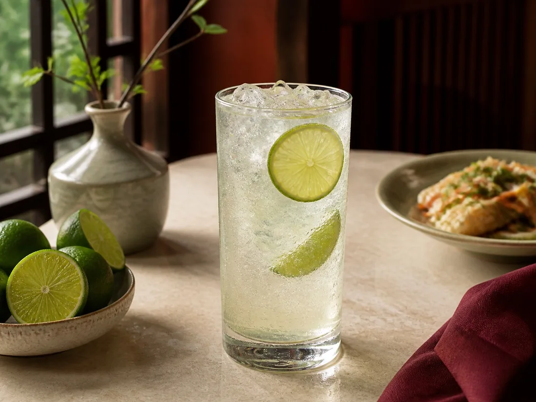 Sparkling lime soda with ice and fresh lime