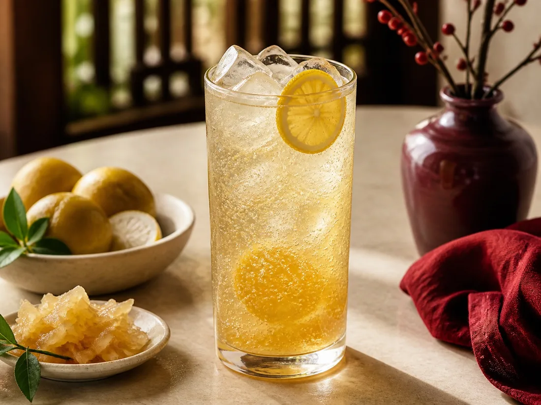 Sparkling preserved salted lemon soda with ice
