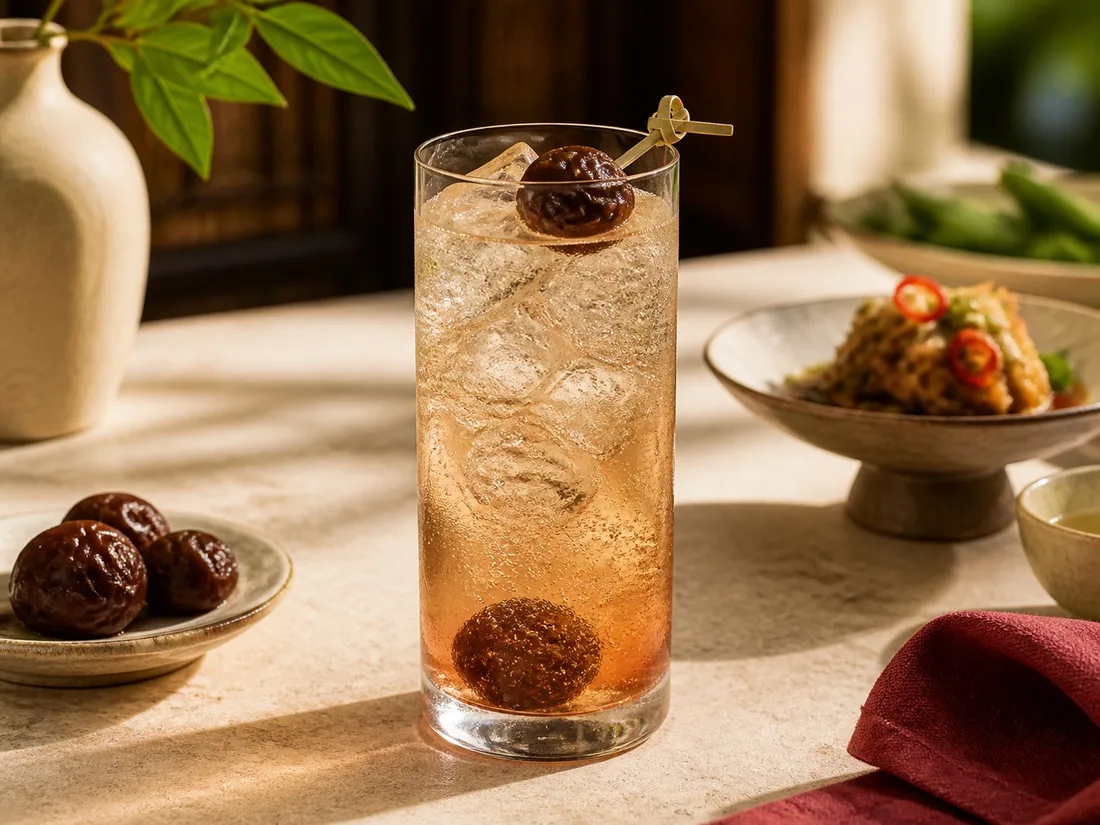Sparkling preserved plum soda over ice