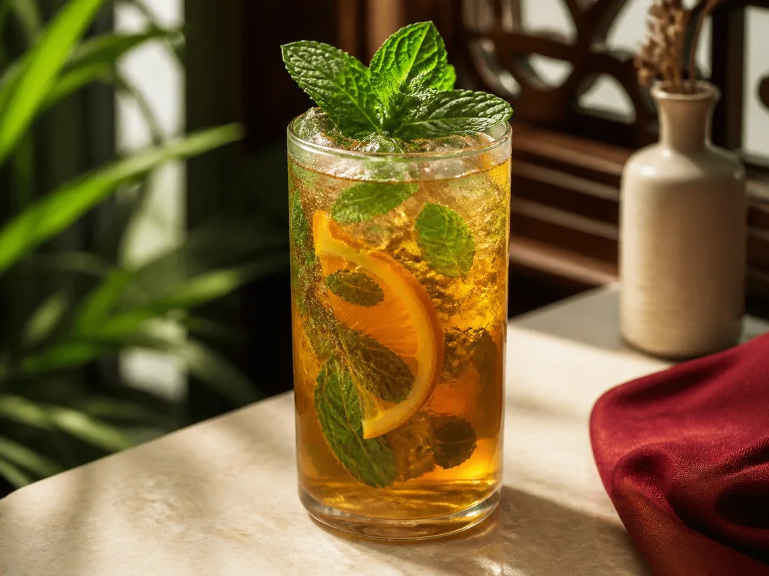 The house mint iced tea with fresh mint and orange